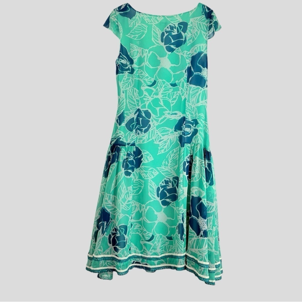 Odille 100% Silk Drop Waist Dress 6 Teal Floral Velvet Lace 90s Y2K Whimsigoth - Picture 7 of 15